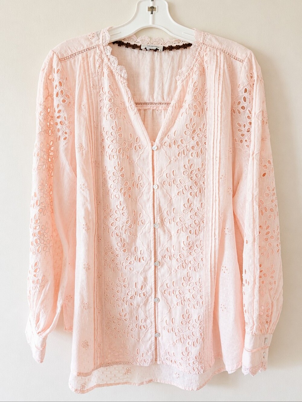 Sundance Pink Eyelet Lace Blouse Button Down XL 100% Cotton
